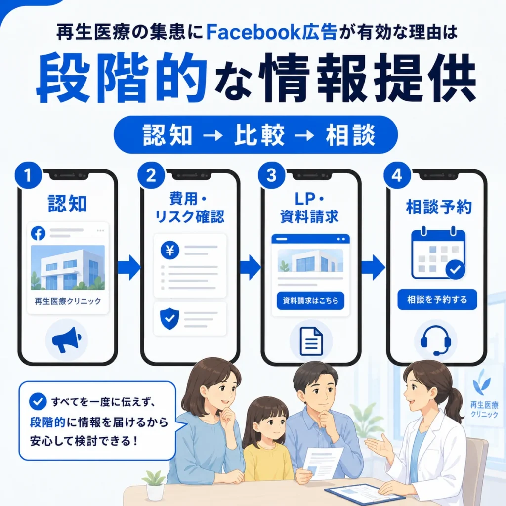 再生医療のFacebook広告で認知から比較、相談予約まで段階的に情報提供する流れを示すイラスト