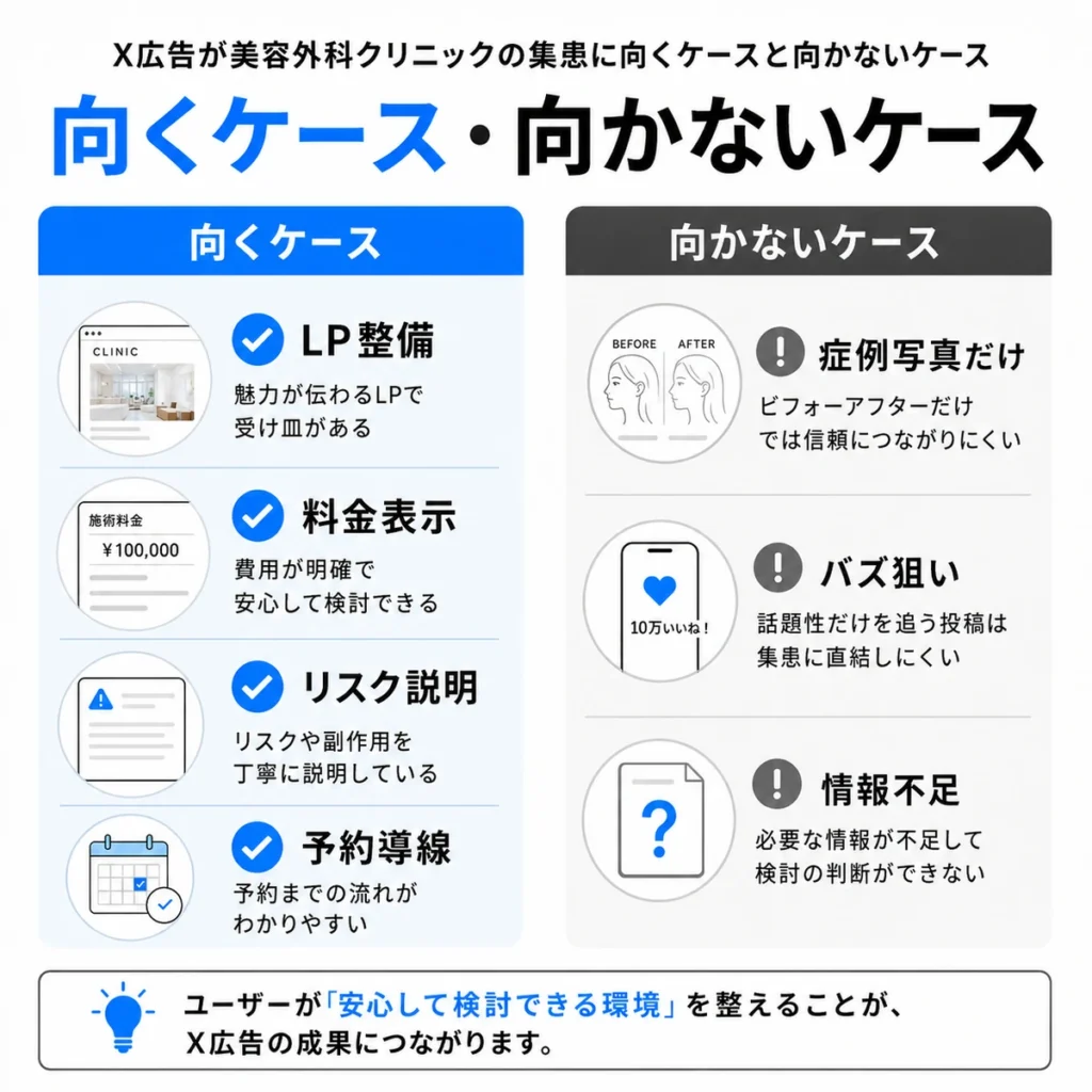 美容外科クリニックのX広告に向くケースと向かないケースを比較したイラスト