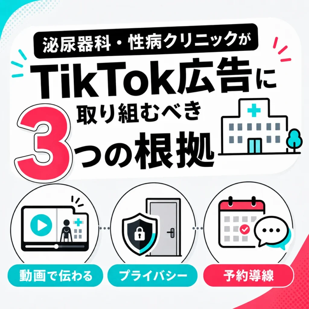 泌尿器科クリニックがTikTok広告に取り組むべき3つの根拠を示すイラスト