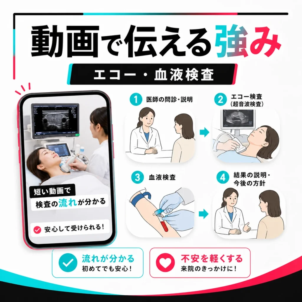 甲状腺エコー検査や血液検査の流れを短い動画で分かりやすく伝える強みを示すイラスト