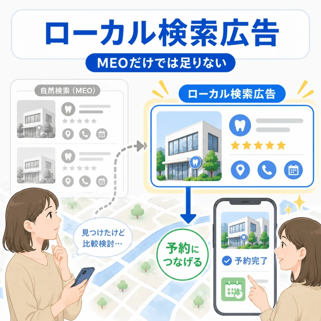 MEOだけでは届きにくい患者へローカル検索広告で接点を作り、予約行動へつなげる流れを示すイラスト