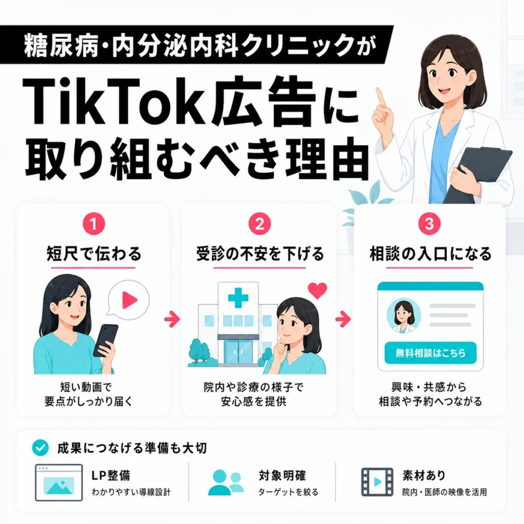 糖尿病・内分泌内科クリニックがTikTok広告に取り組む理由を短尺動画、受診不安の軽減、相談入口の3点で示すイラスト