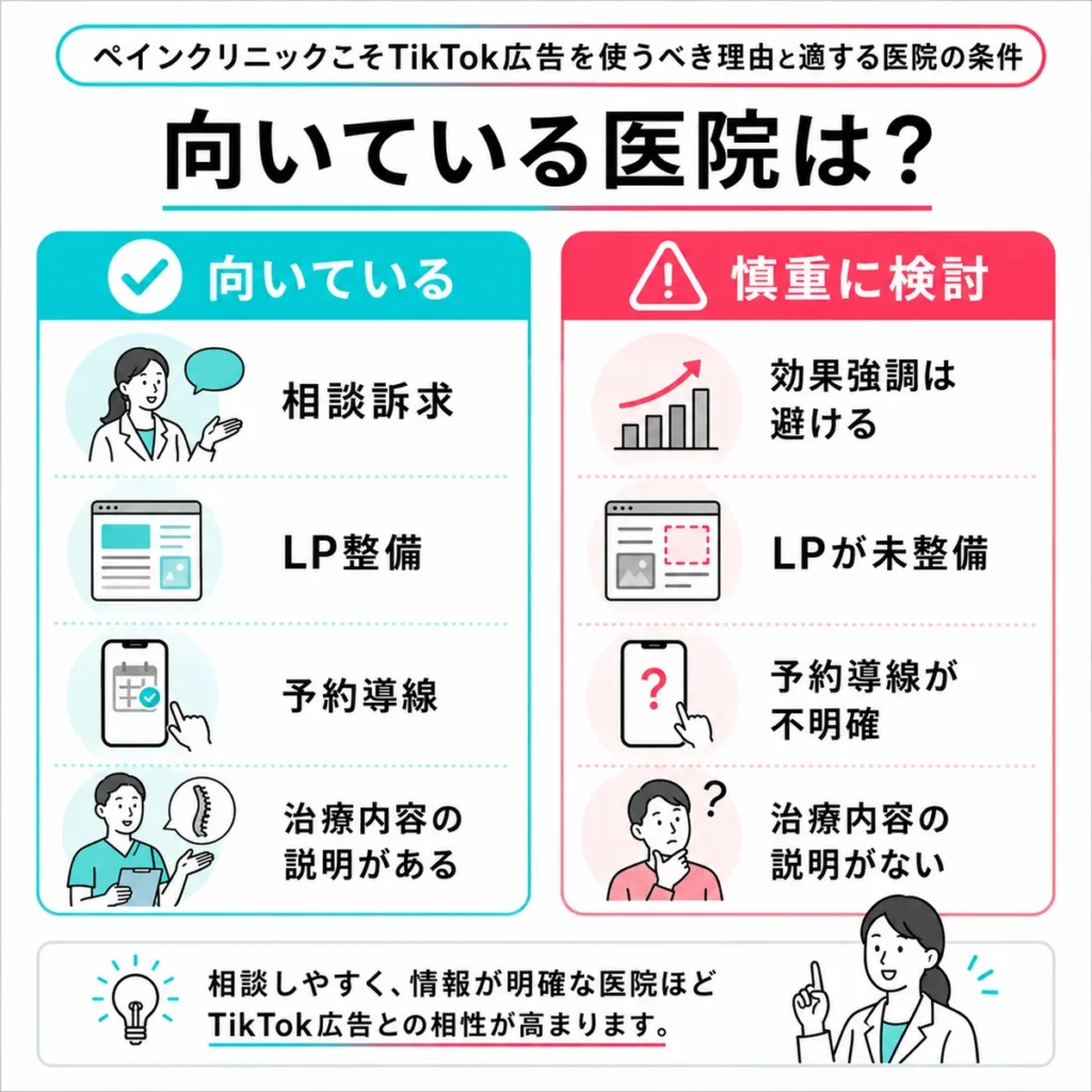 ペインクリニックがTikTok広告に向いている条件と慎重に検討すべき点を比較したイラスト