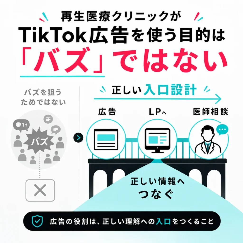 再生医療クリニックのTikTok広告はバズ狙いではなく正しい理解への入口設計であることを示すイラスト