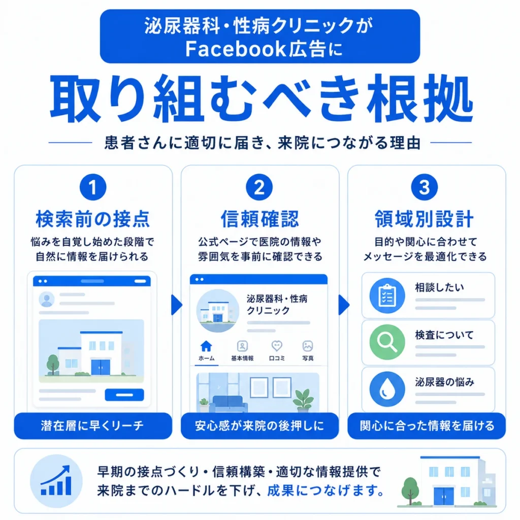 泌尿器科・性病クリニックがFacebook広告に取り組む根拠を検索前接点や信頼確認で示すイラスト