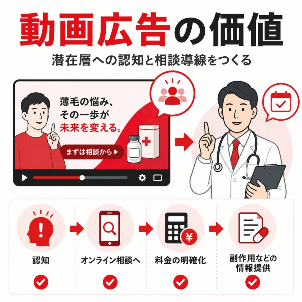 メンズヘルスクリニックがYouTube広告で認知と相談導線をつくる価値を説明するイラスト