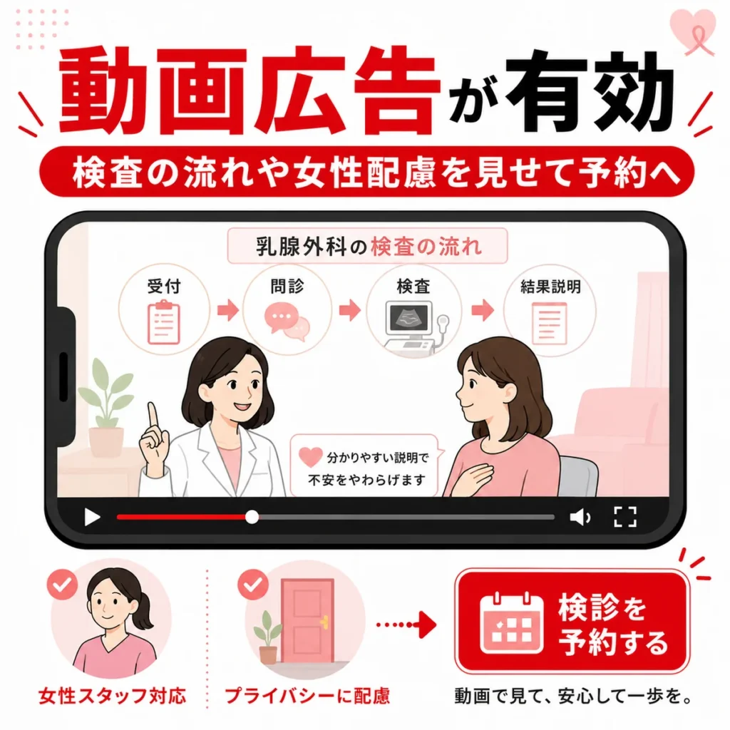 検査の流れや女性への配慮を動画で伝え、乳腺外科の予約につなげるイラスト
