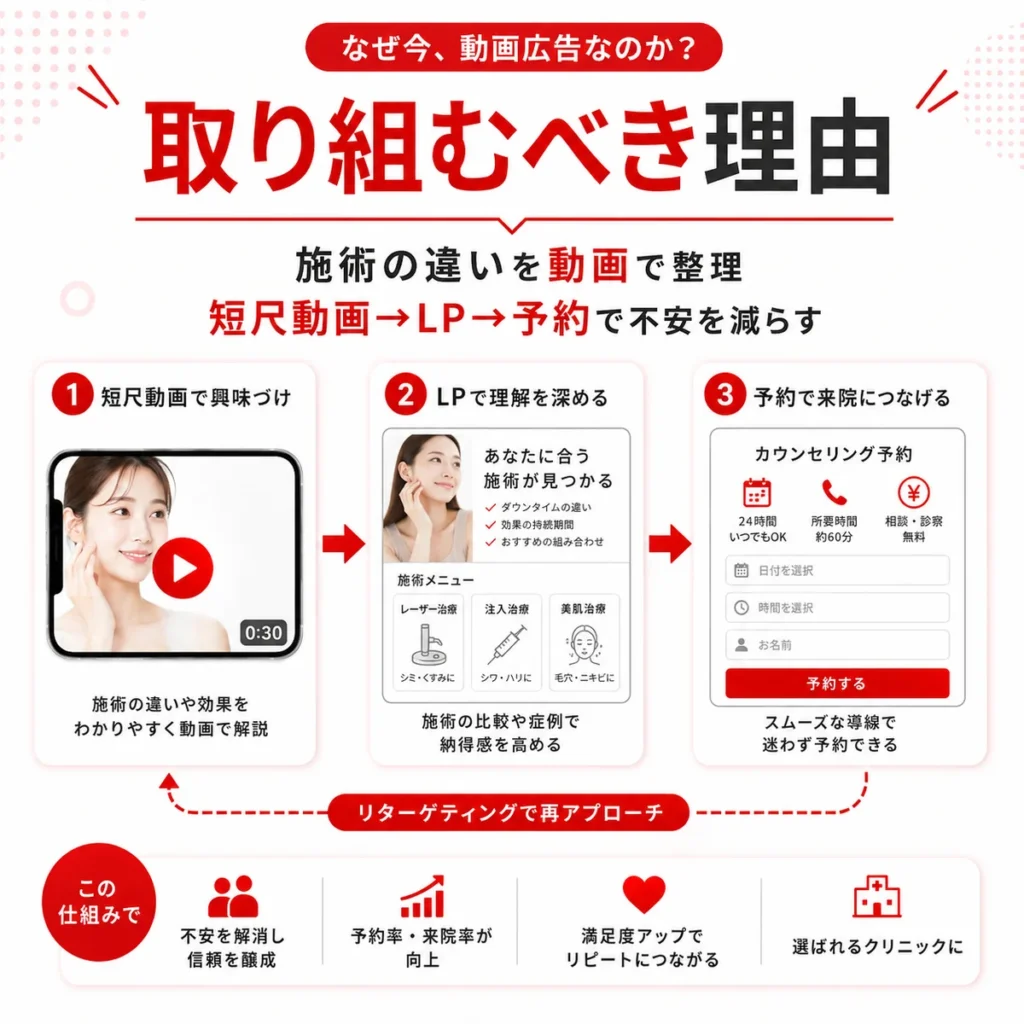 美容皮膚科が短尺動画からLPと予約へつなげるべき理由を説明するイラスト