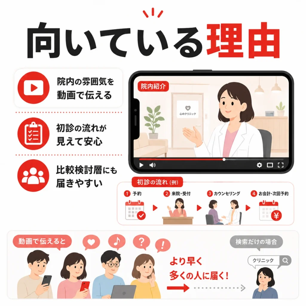 精神科クリニックにYouTube広告が向いている理由を院内紹介や初診の流れで示すイラスト