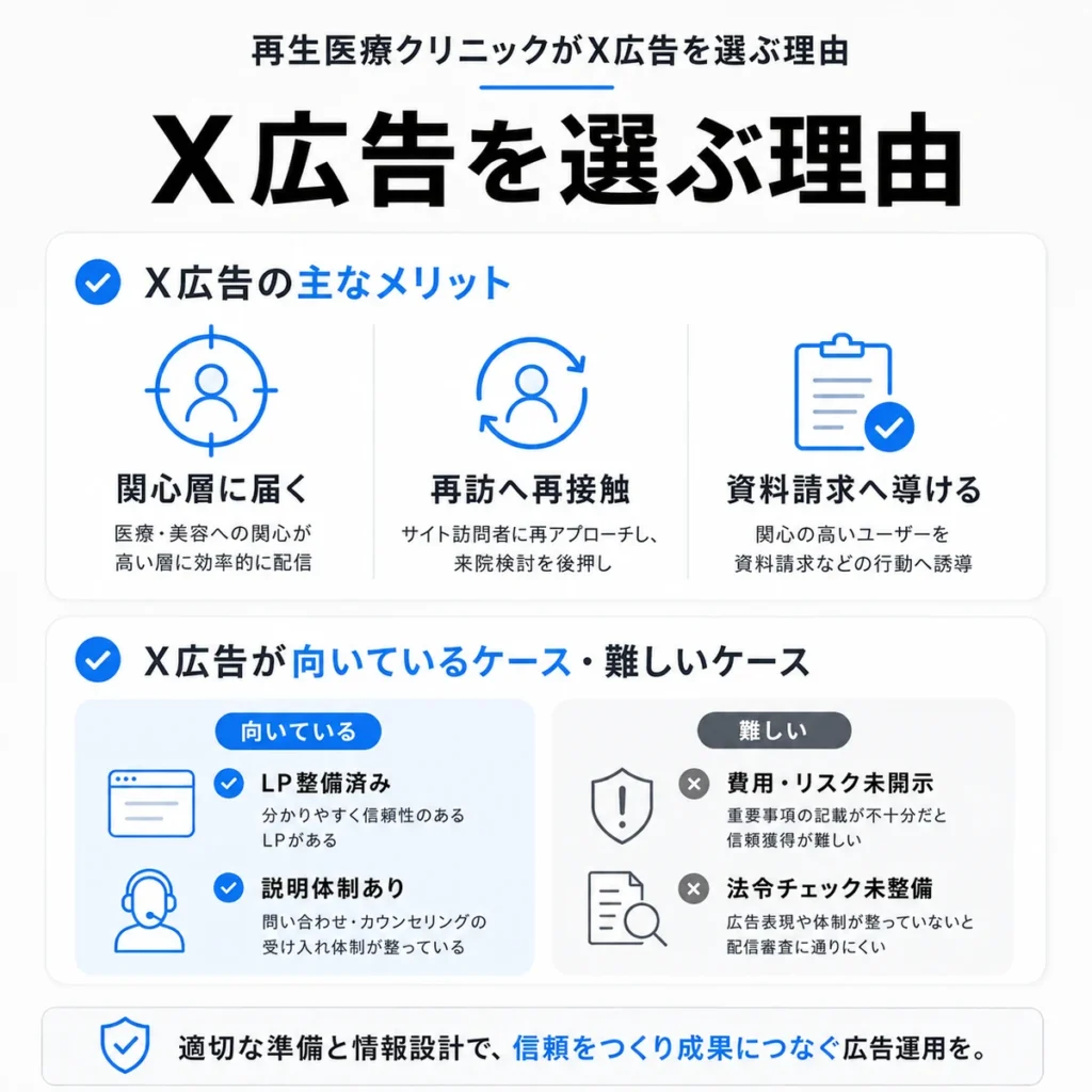 再生医療クリニックがX広告を選ぶ理由と向いているケース、難しいケースを示すイラスト