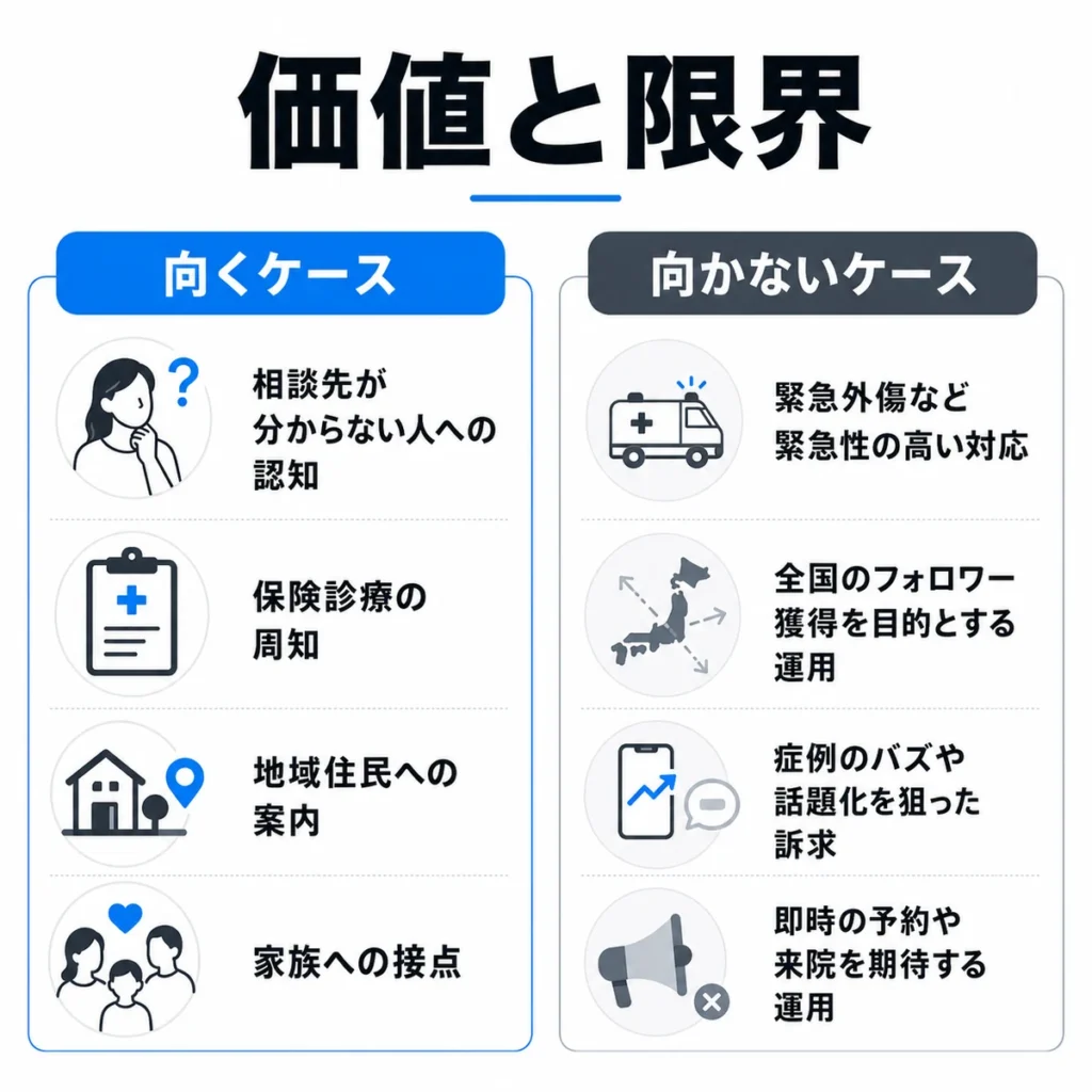 形成外科クリニックのX広告が向くケースと向かないケースを比較したイラスト
