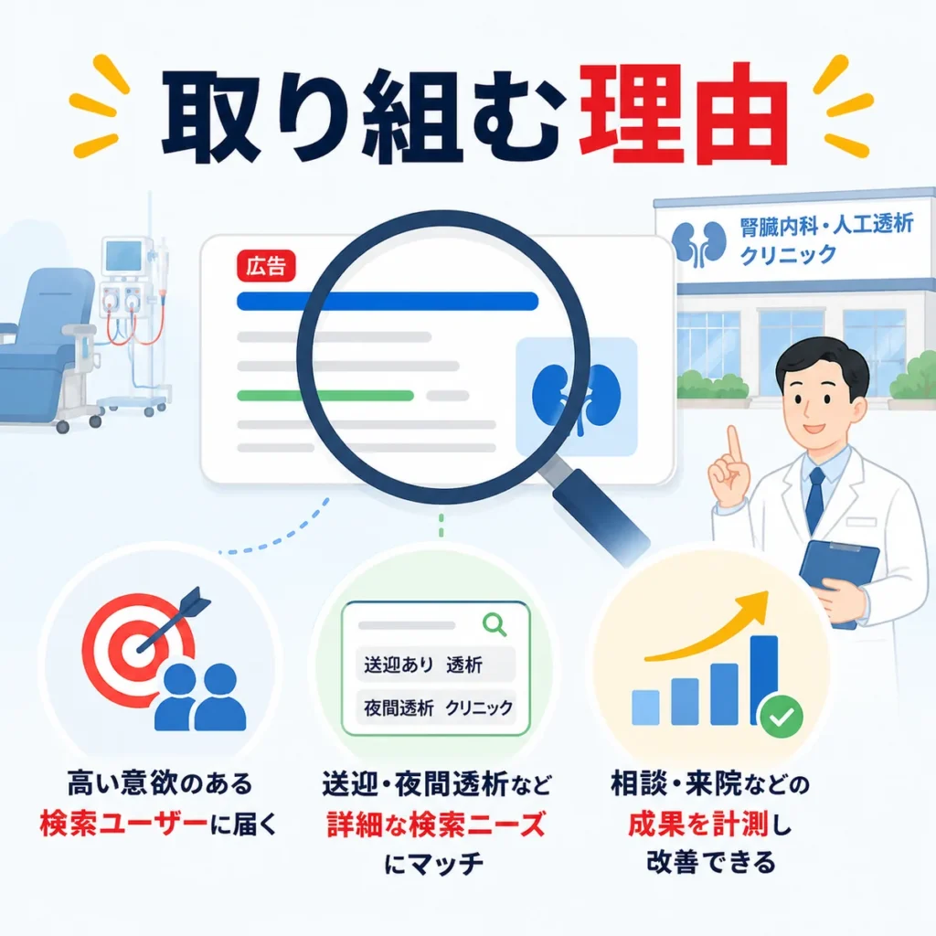 透析クリニックがYahoo!リスティング広告で検索ニーズに届き成果測定できる理由を示すイラスト