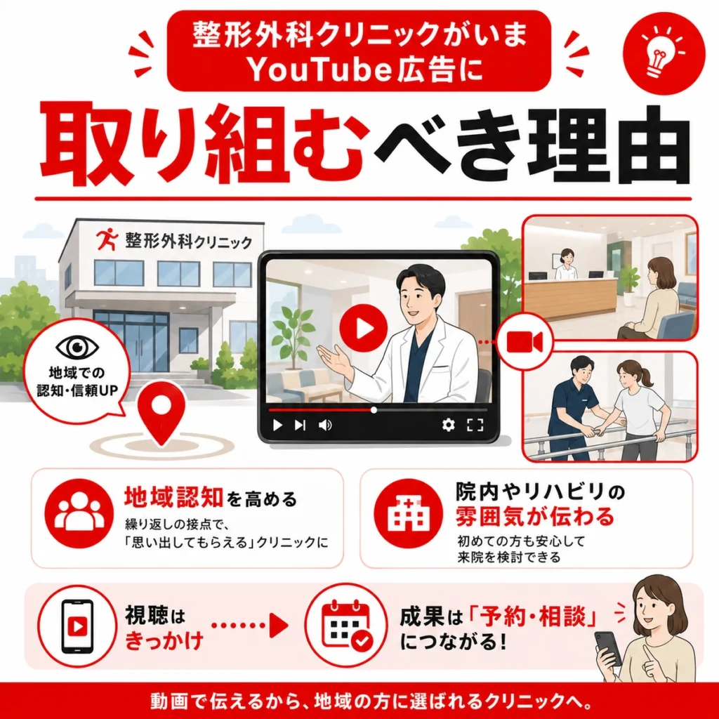 整形外科クリニックがYouTube広告で地域認知を高め院内やリハビリの雰囲気を伝える理由を示すイラスト