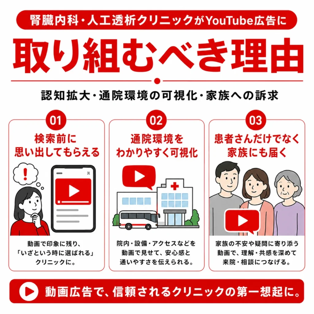 腎臓内科と人工透析クリニックがYouTube広告に取り組む理由を3つに整理したイラスト