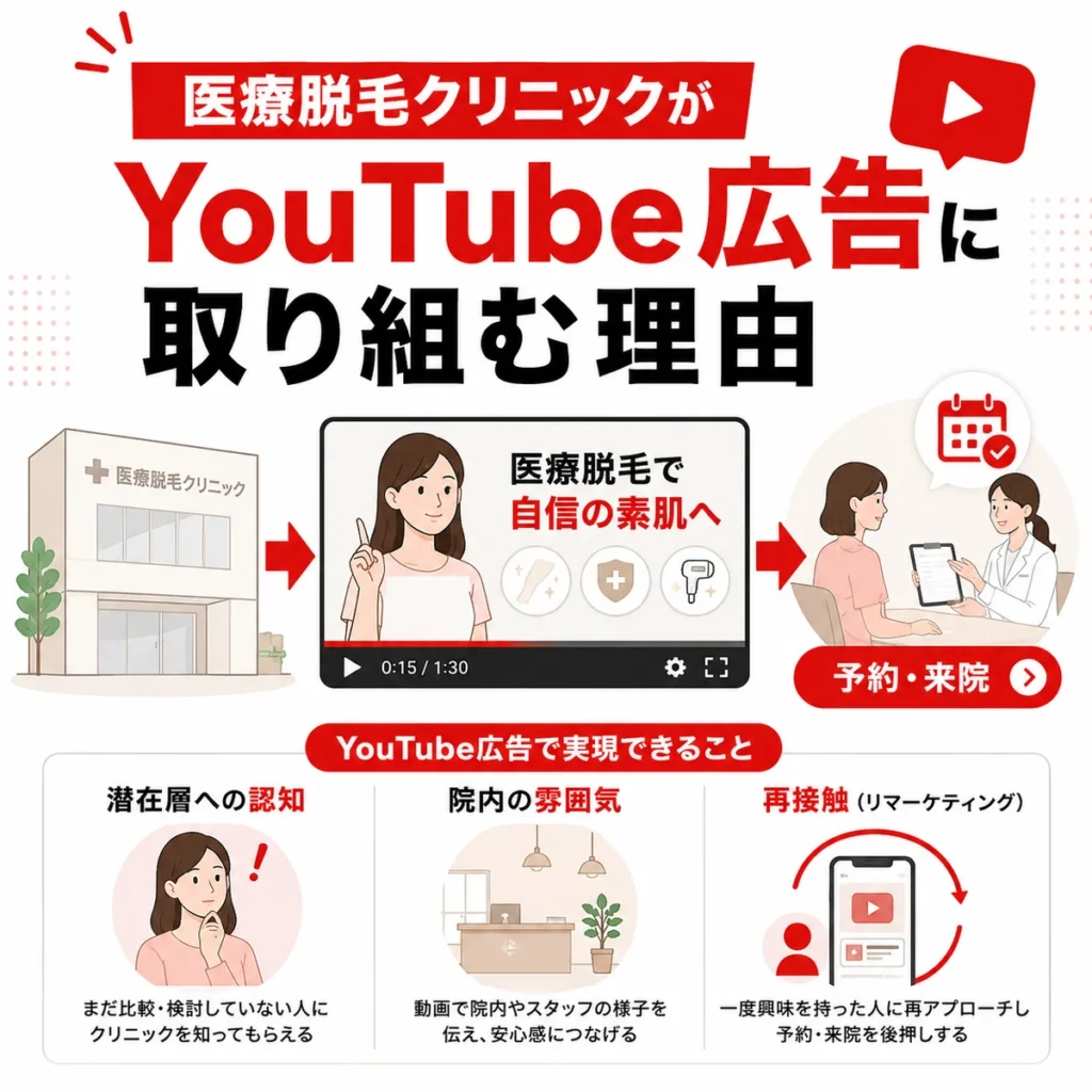 医療脱毛クリニックがYouTube広告に取り組む理由を認知や再接触の流れで示すイラスト