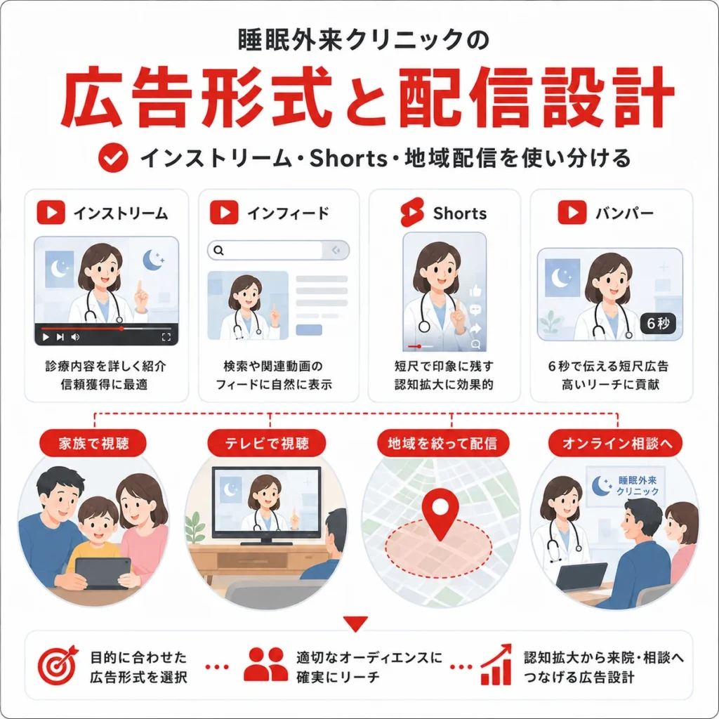 睡眠外来クリニックの広告形式や配信面、地域配信とオーディエンス設計を整理したイラスト