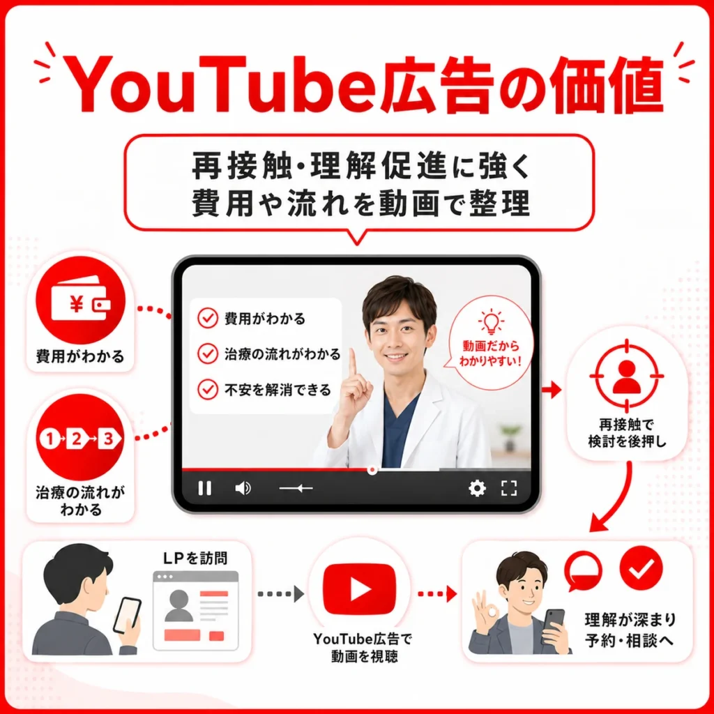 YouTube広告で費用や治療の流れを伝え再接触や理解促進につなげる価値を示すイラスト