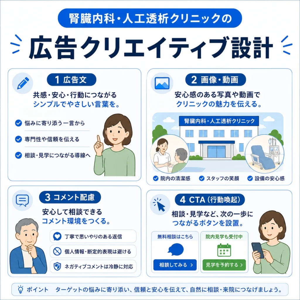 腎臓内科・人工透析クリニックのFacebook広告クリエイティブ設計を説明するイラスト