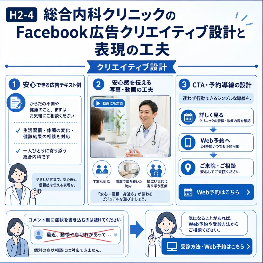 総合内科クリニックのFacebook広告で安心感を伝えるクリエイティブ設計とCTA導線を示すイラスト