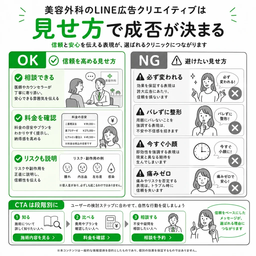 美容外科LINE広告のクリエイティブで避けたい表現と信頼を高める見せ方を比較したイラスト