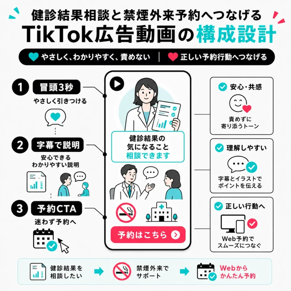 健診結果相談と禁煙外来予約につなげるTikTok広告動画の構成を示すイラスト