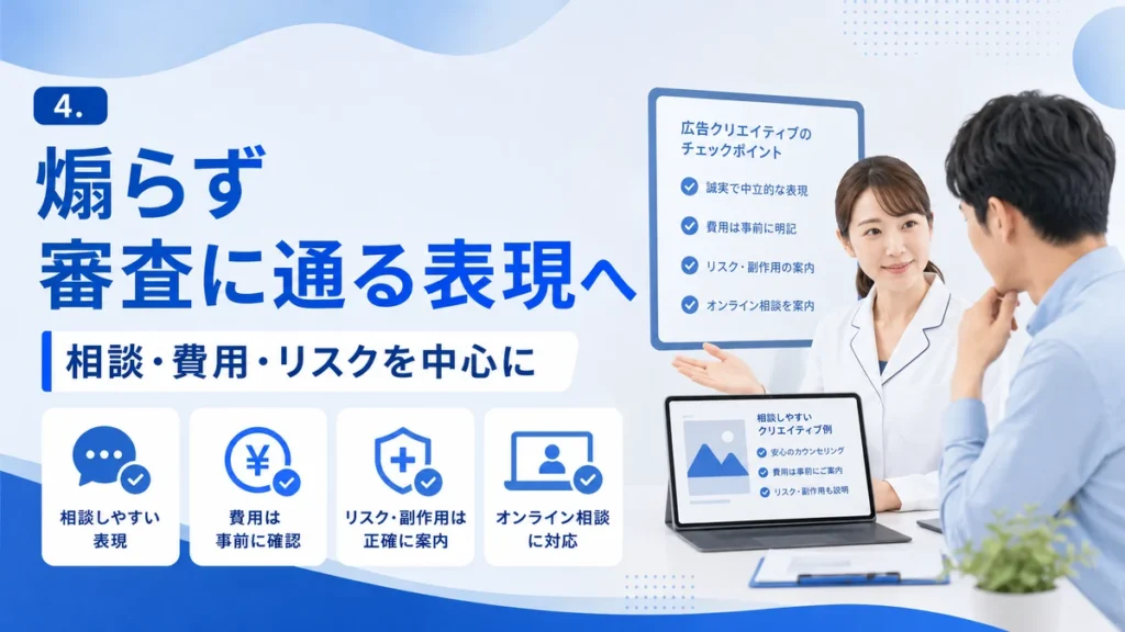 AGA・薄毛治療クリニックのFacebook広告で煽らず審査に通る表現を作るポイントを示すイラスト