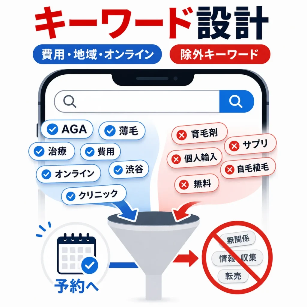 AGA治療の検索キーワードと除外キーワードを整理し予約につなげる設計を示すイラスト