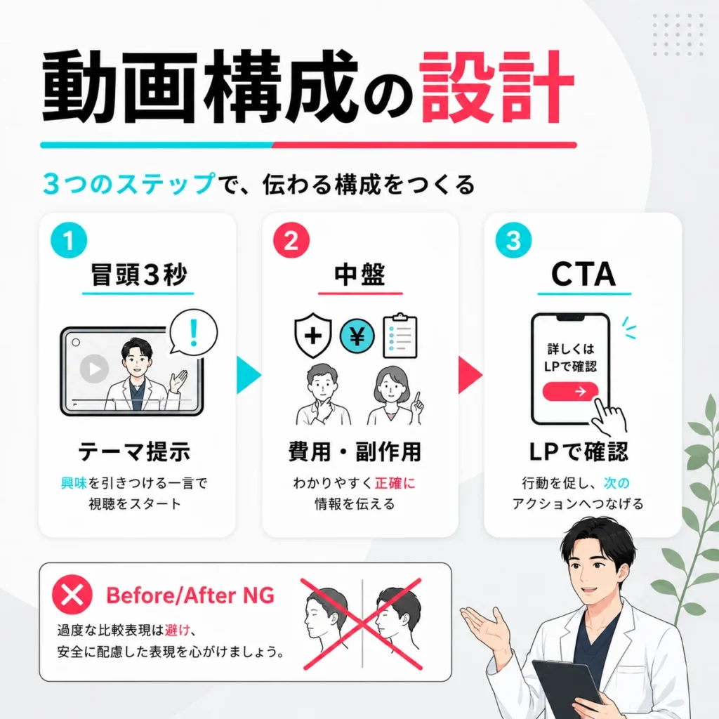 AGA治療クリニックのTikTok広告動画で冒頭3秒、中盤、CTAを設計する流れを示すイラスト