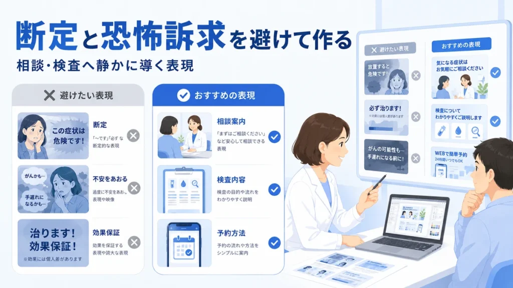 アレルギー科広告で断定や恐怖訴求を避け、相談や検査へ導く表現を整理するイラスト