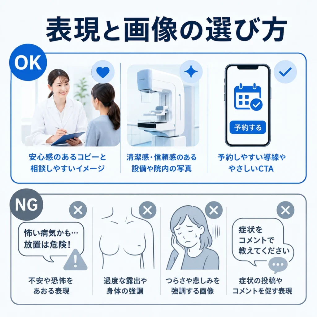 乳腺外科のFacebook広告で安心感のある表現と避けるべき画像表現を比較したイラスト