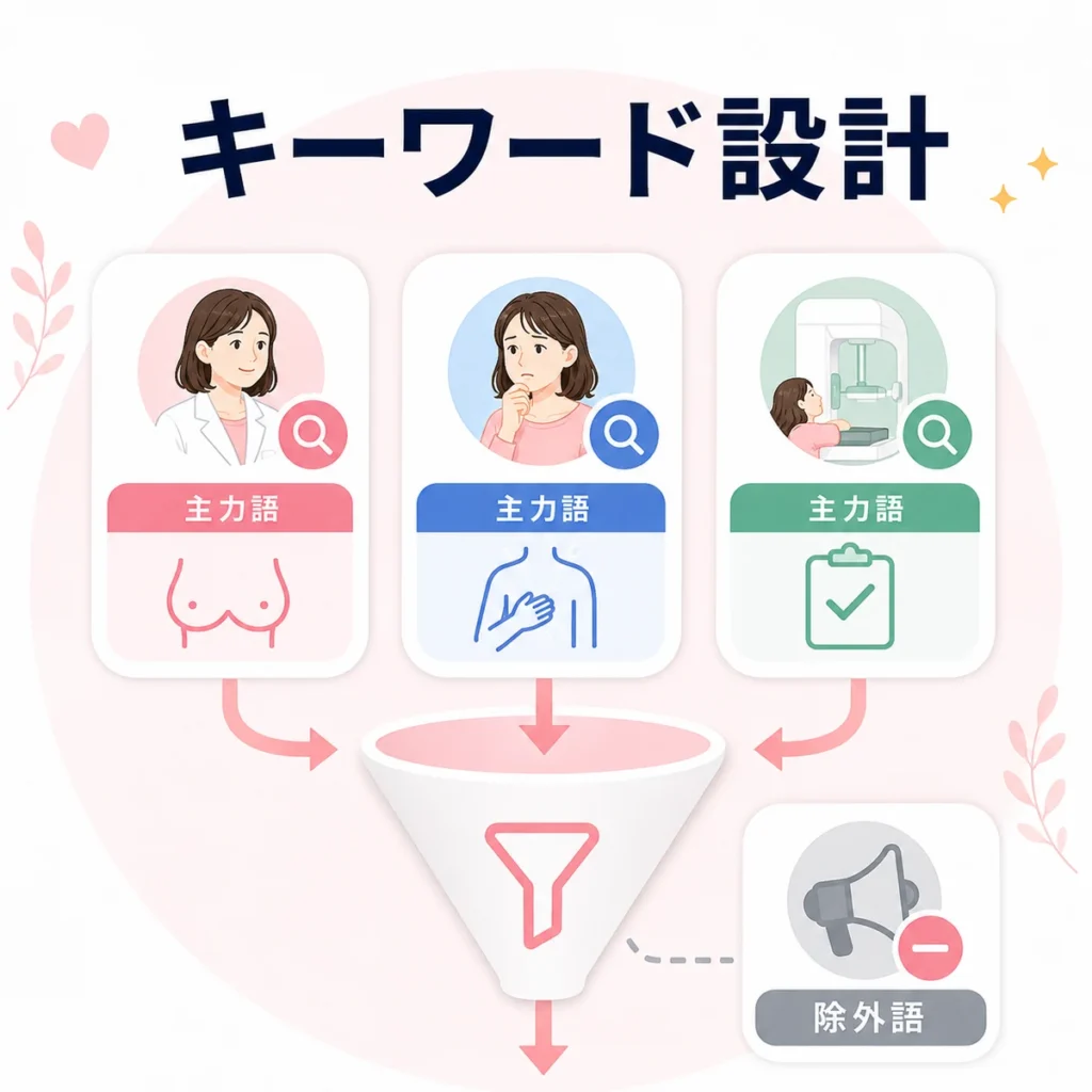 乳腺外科向けの主力キーワードと除外キーワードを分類して広告配信を最適化するイラスト