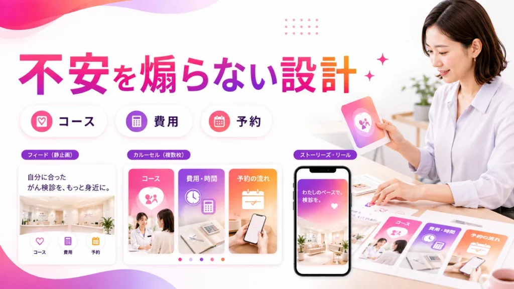 不安を煽らず検査コースや予約を伝える広告クリエイティブ設計のイラスト
