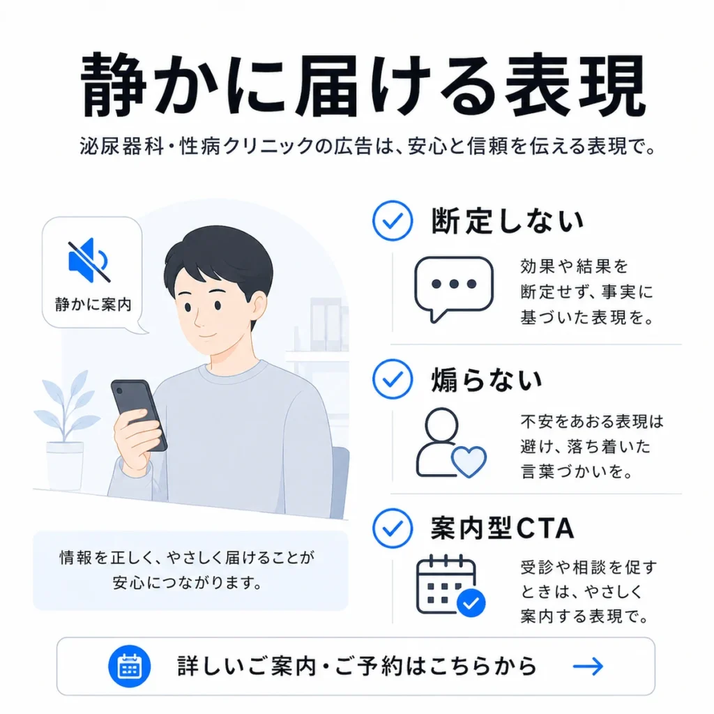 泌尿器科・性病クリニック広告で断定や煽りを避け、静かに案内する表現を示すイラスト