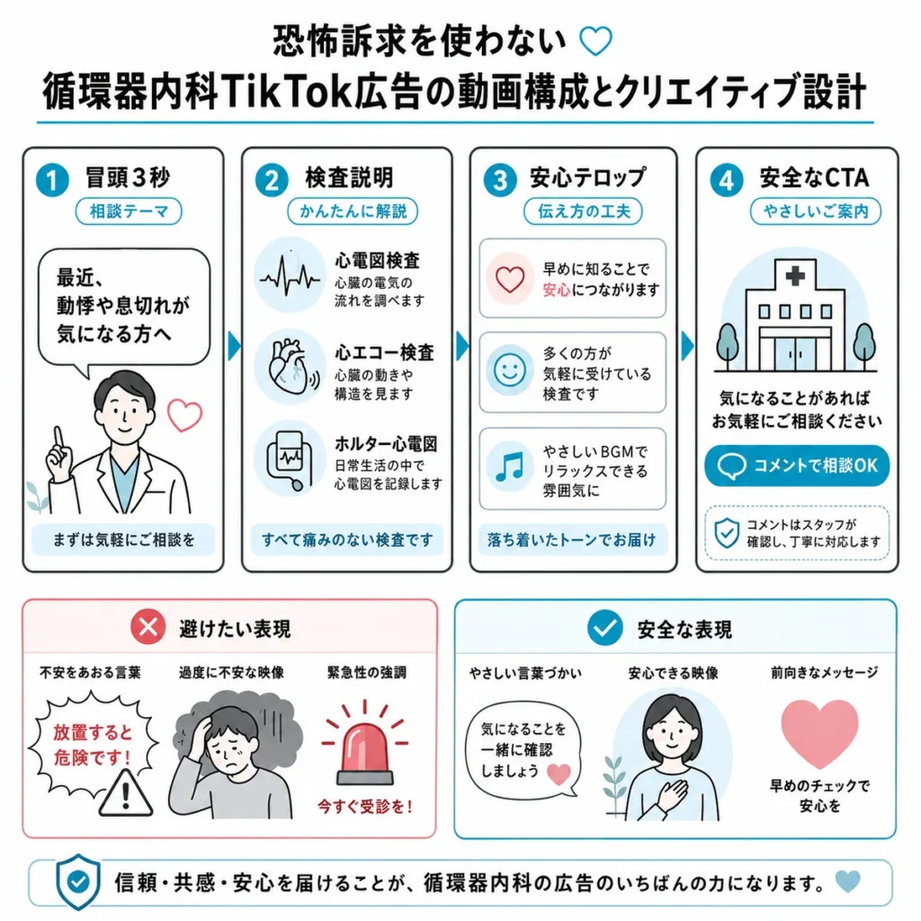 恐怖訴求を避けた循環器内科TikTok広告の動画構成と安全な表現設計を示すイラスト