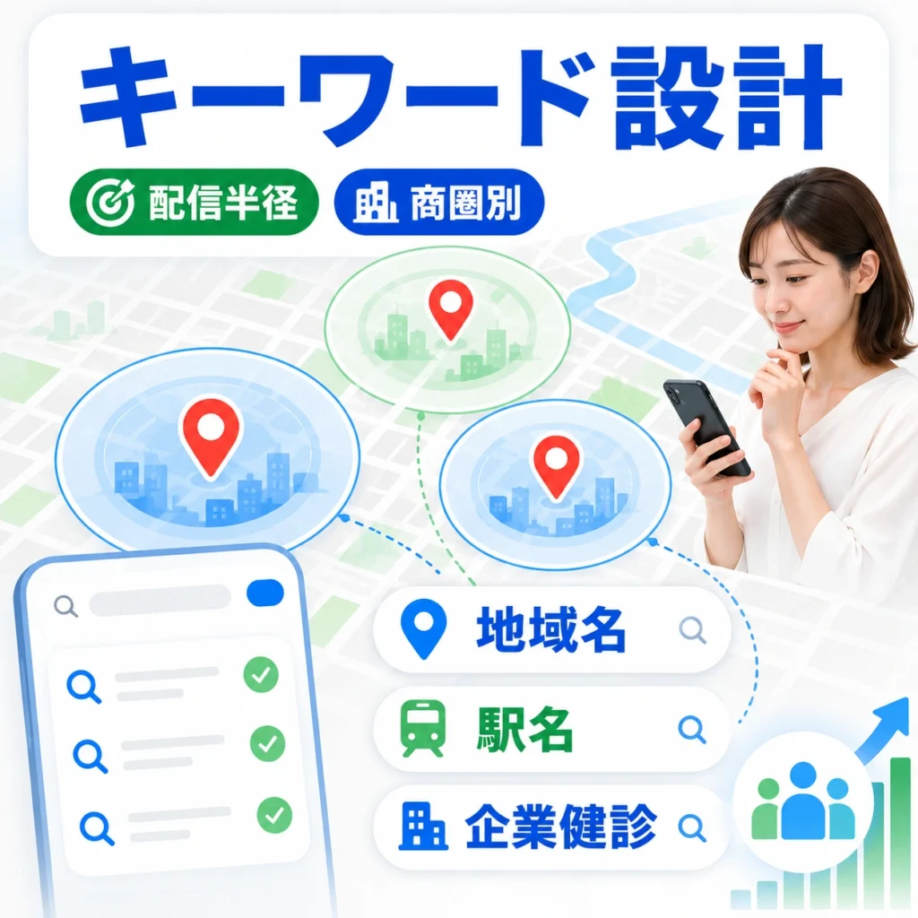 健診・人間ドック向けのキーワードと配信半径を商圏ごとに設計する考え方を示すイラスト