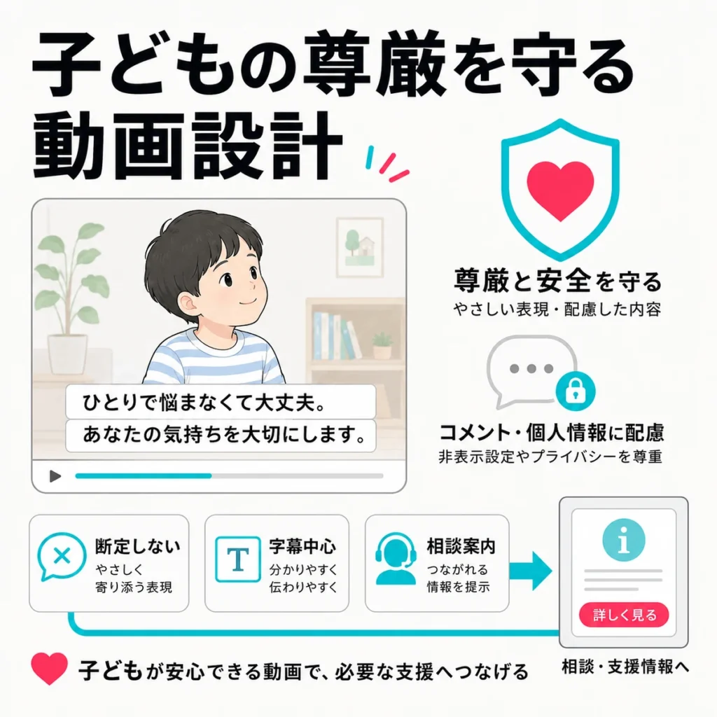 子どもの尊厳を守りながら断定しない表現や字幕中心の動画設計を説明するイラスト