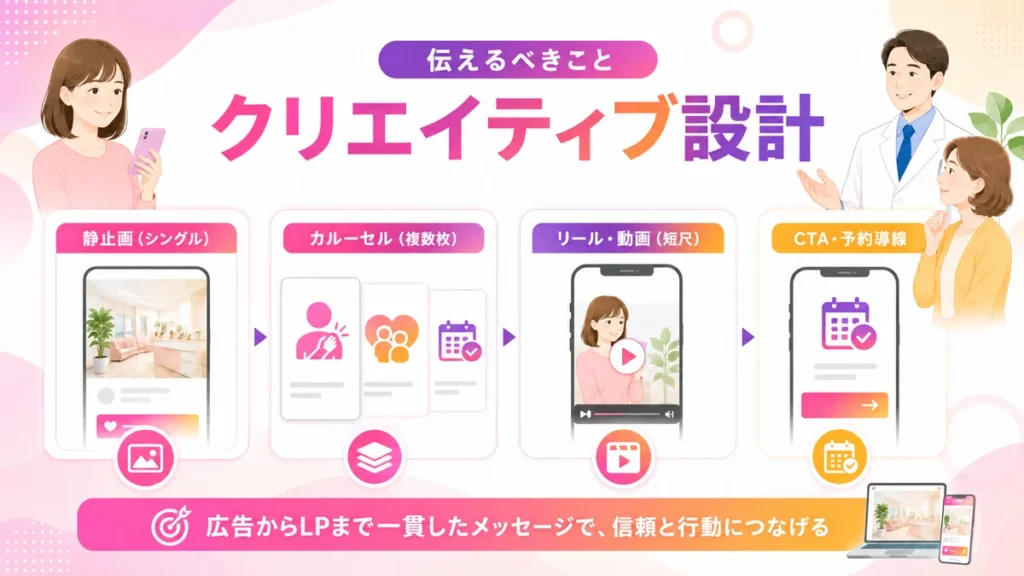 Instagram広告のクリエイティブ設計で伝える内容を示すイラスト