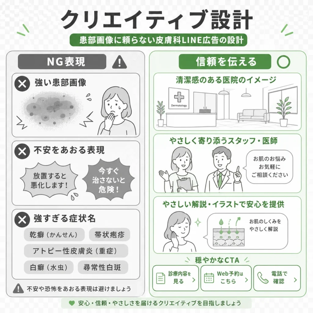 患部画像や不安をあおる表現を避け信頼感のある皮膚科LINE広告を作るポイントを示すイラスト