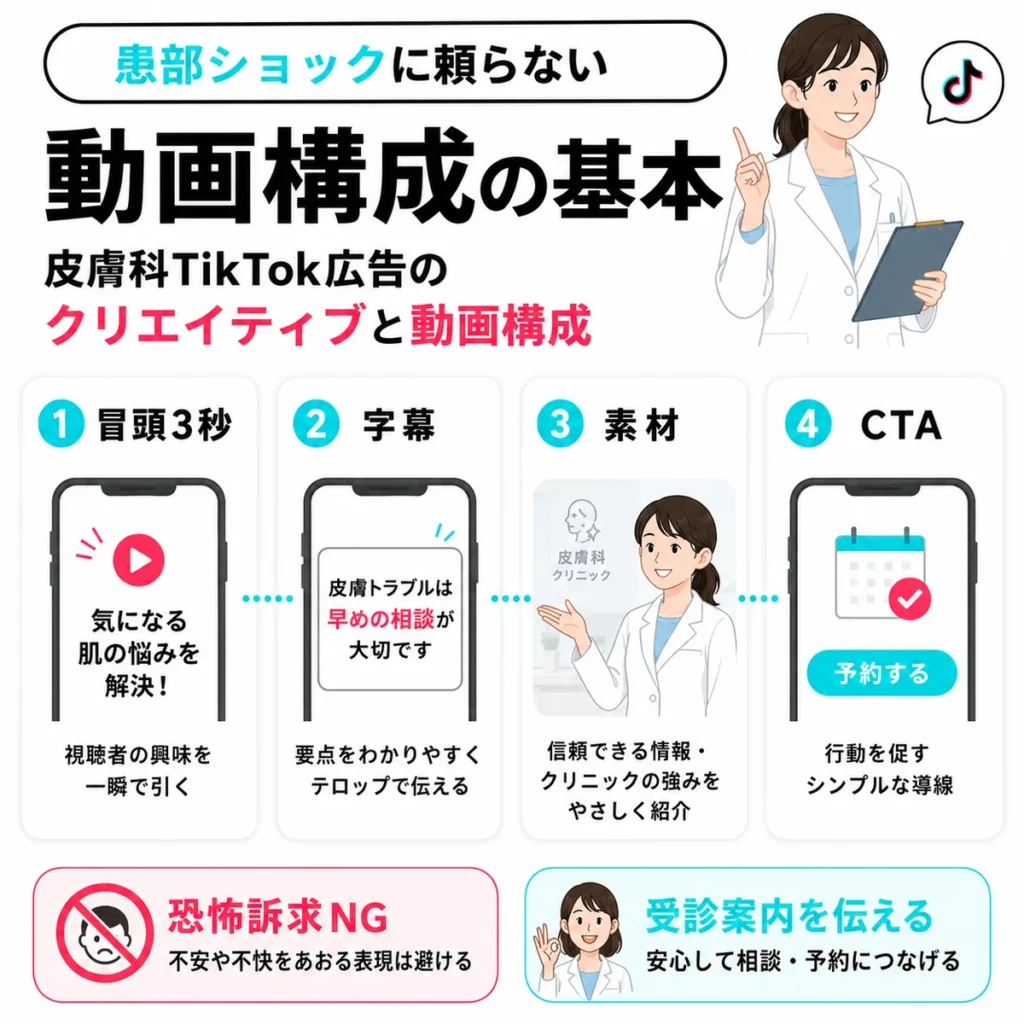 患部ショックに頼らず冒頭3秒や字幕やCTAで受診案内を伝える動画構成のイラスト