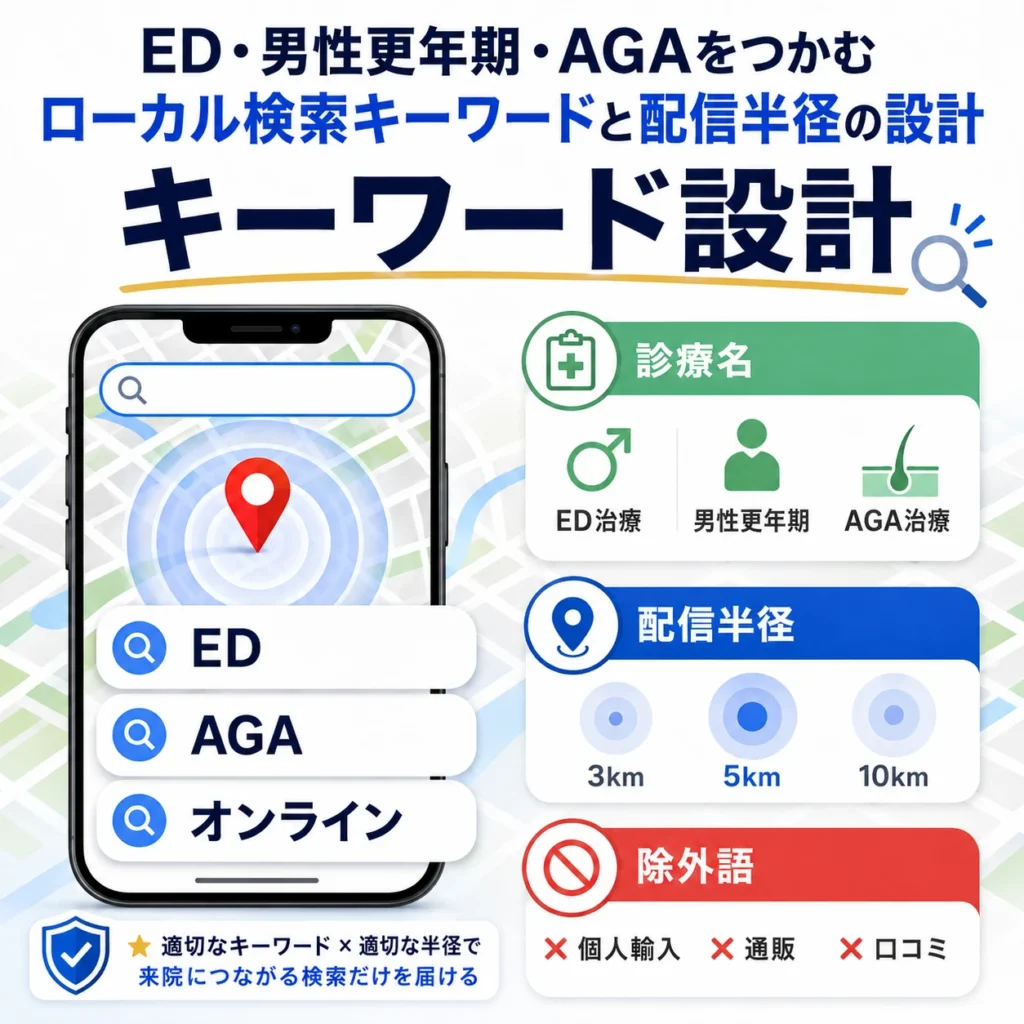 ED・男性更年期・AGAの検索キーワードと配信半径、除外語の設計を示すイラスト
