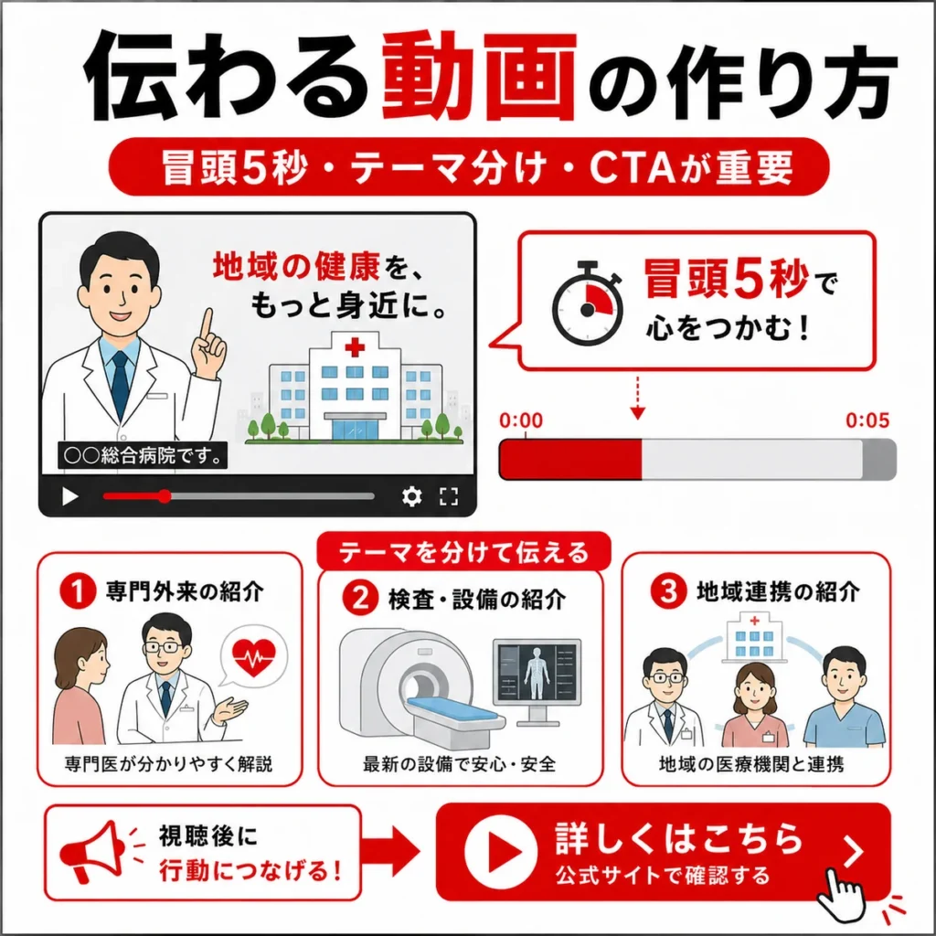 総合病院のYouTube広告で伝わる動画を作るための冒頭5秒やCTAを示すイラスト