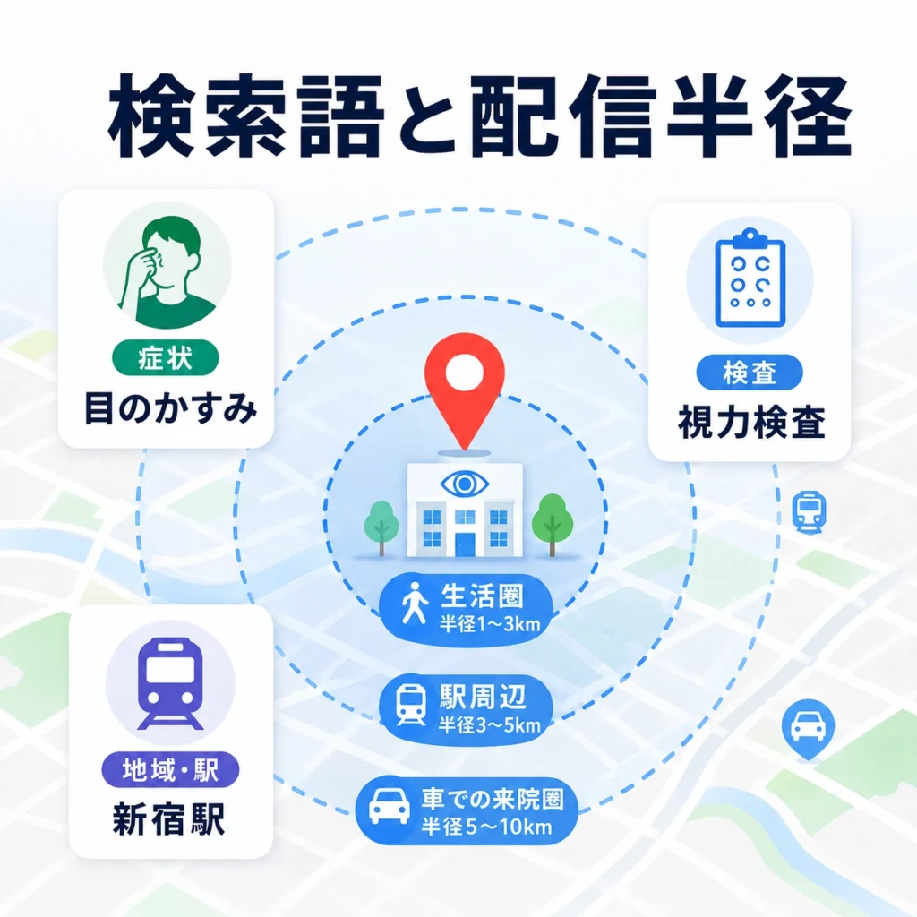 眼科の症状名や検査名の検索語と生活圏・駅前・車圏の配信半径を整理したイラスト
