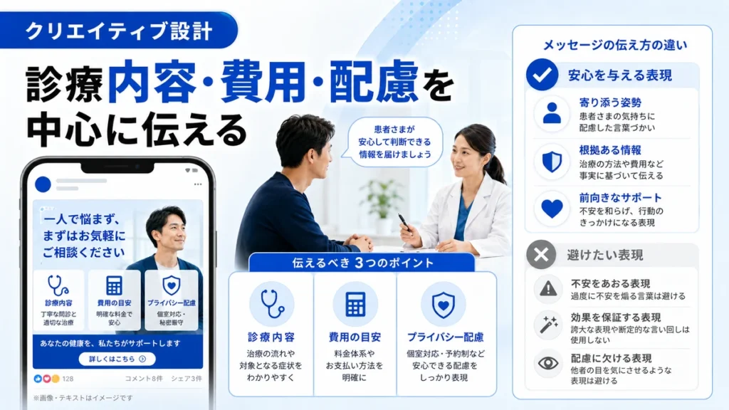 診療内容や費用、プライバシー配慮を中心にしたFacebook広告クリエイティブ設計のイラスト