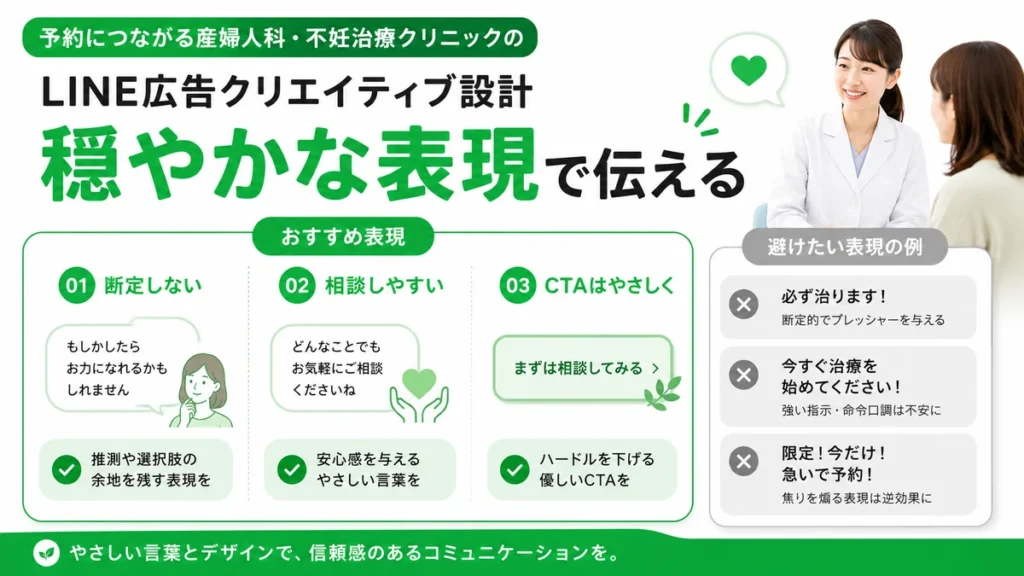 産婦人科・不妊治療クリニックのLINE広告で穏やかな表現とやさしいCTAを設計するポイントを示すイラスト