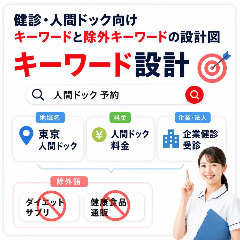 健診・人間ドック向けのキーワード設計と除外キーワードの考え方を示すイラスト