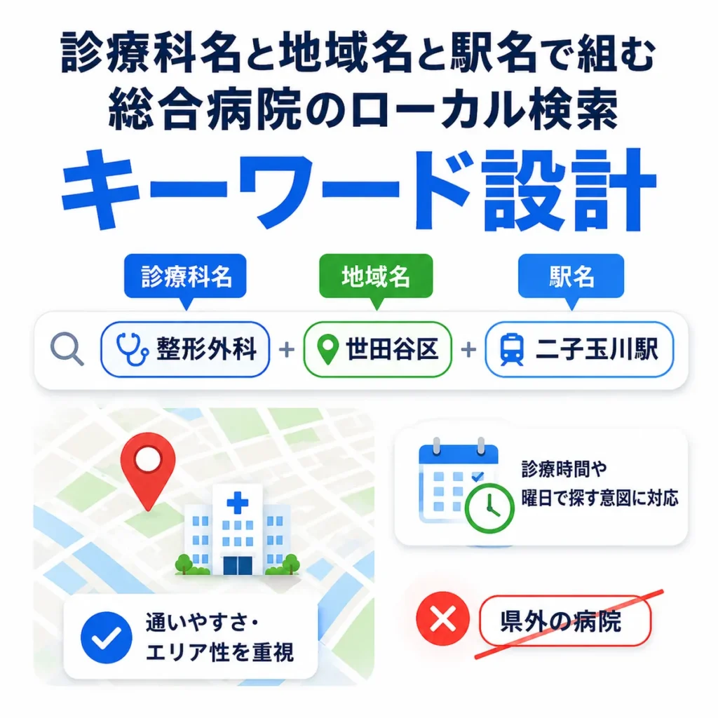 診療科名・地域名・駅名を組み合わせた総合病院のローカル検索キーワード設計を示すイラスト