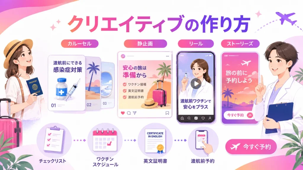 トラベルクリニック向けInstagram広告クリエイティブの作り方を示すイラスト