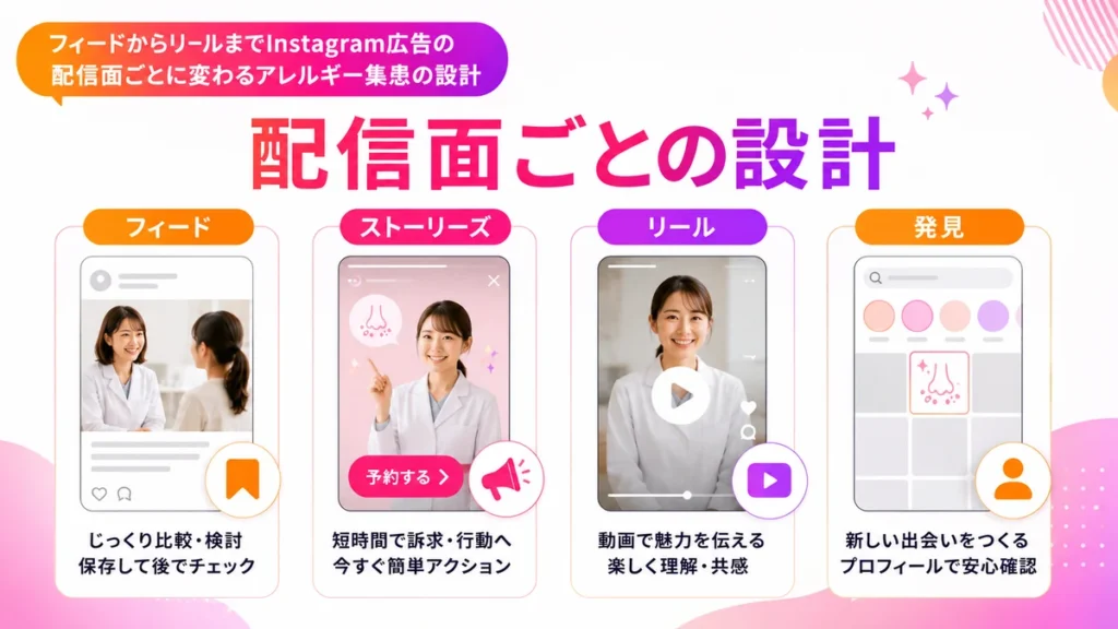 フィードやリールなど配信面ごとのInstagram広告設計を説明するイラスト