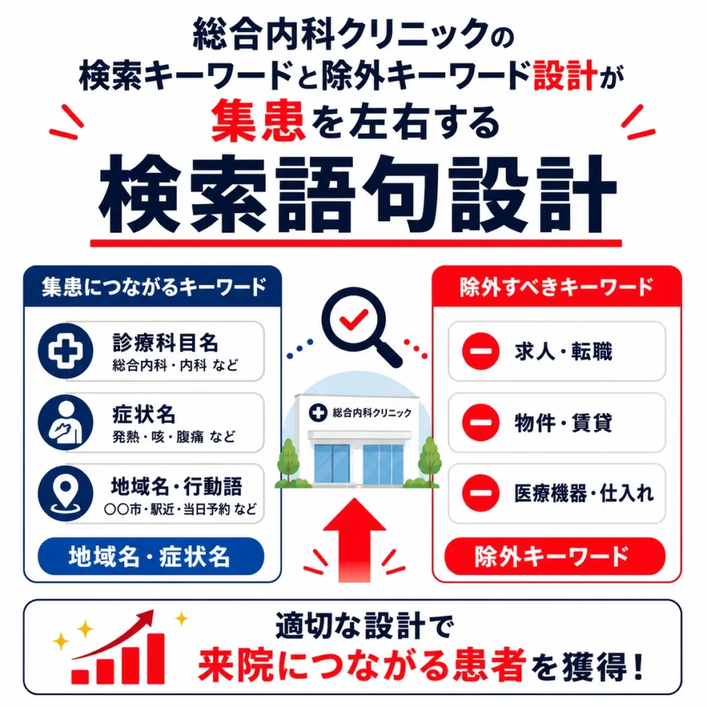 総合内科クリニックの検索キーワード分類と除外キーワード設計を示すイラスト