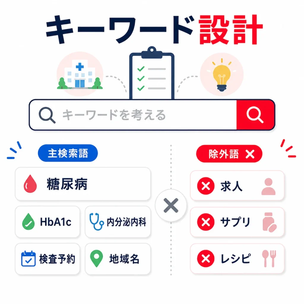 糖尿病・内分泌内科クリニックの主検索語と除外キーワードの設計を示すイラスト